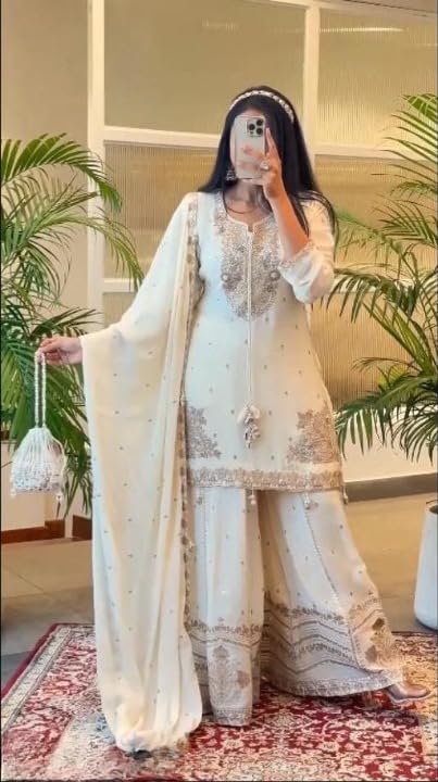 Anveri Textiles Silk Off-White Embroidered Kurta Set For Women Includes Embroidered Bottom & Dupatta, 3/4Th Sleeve, Traditional