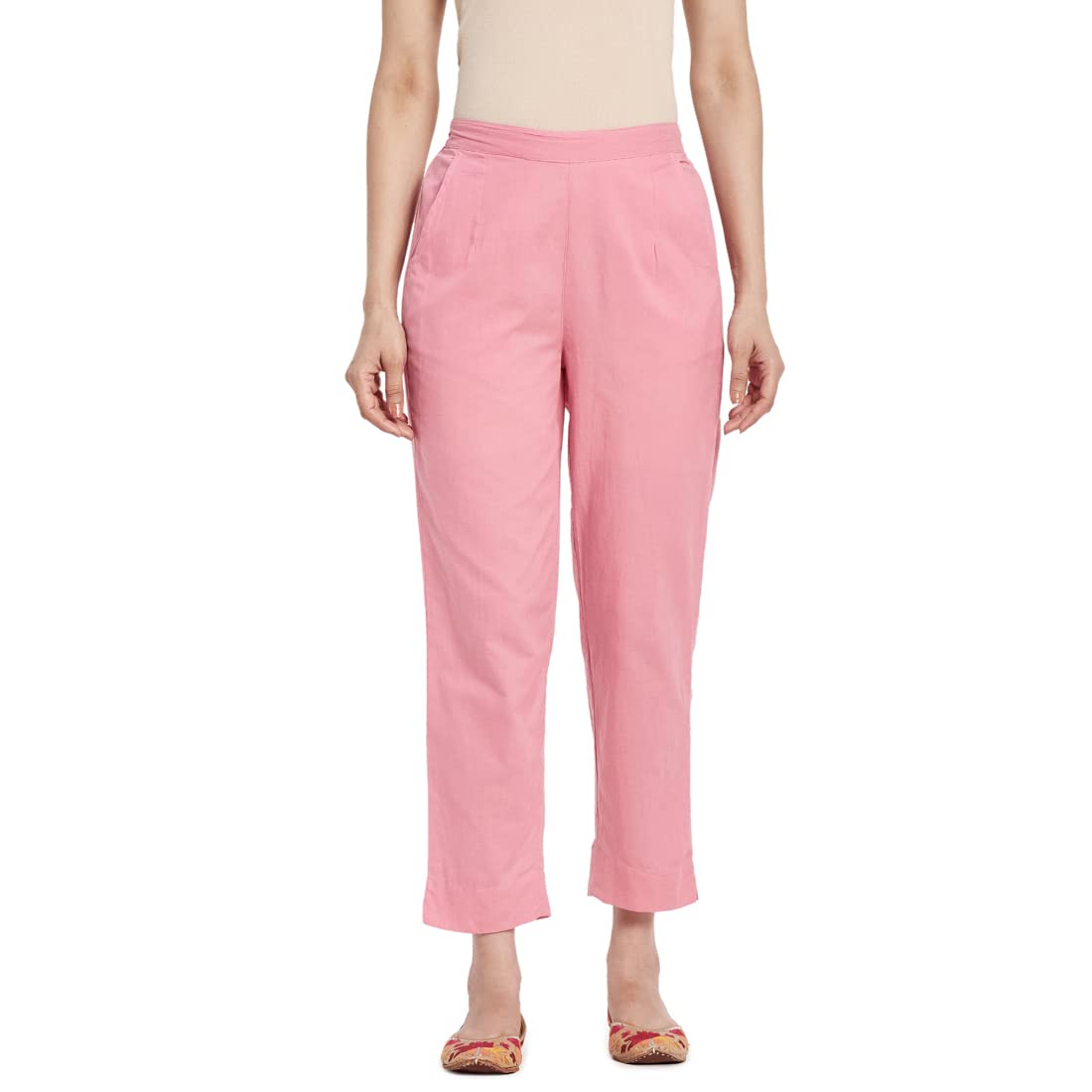 Fabindia Women Cambric Tapered Straight Style Pant Cotton_26 Pink