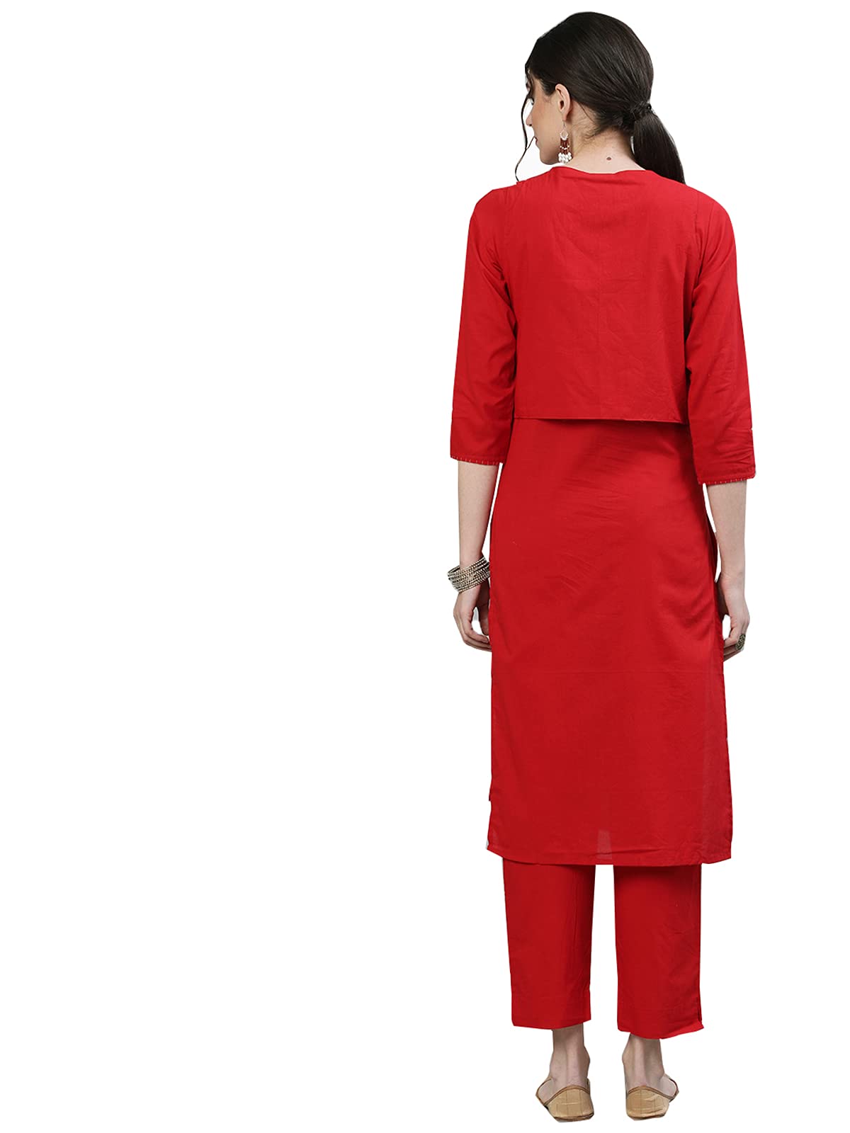 ishin Women's Pure Cotton Red Embroidered Straight Kurta suit set with Pants