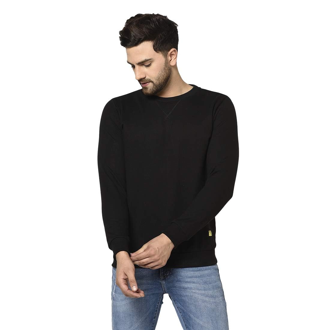 RIGO Mens Fleece Round Neck Sweatshirt (SW10201091_Solid Black