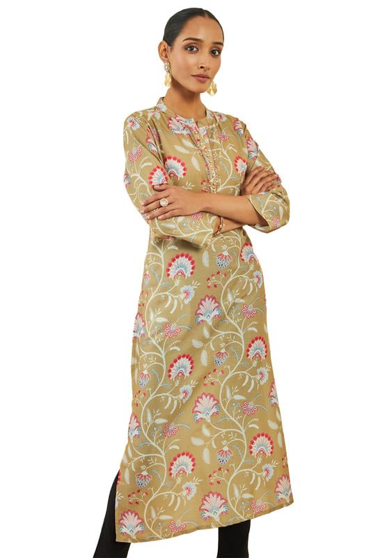 Soch Womens Beige Muslin Floral Print Straight Kurta with Beads Work