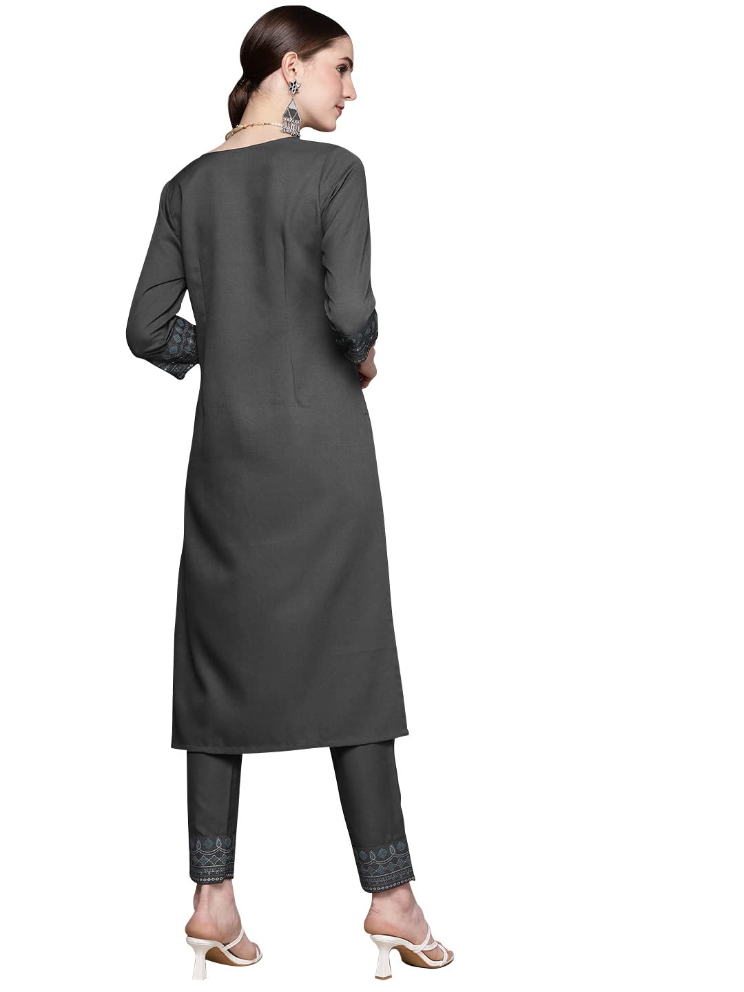 ZIYAA Women's Grey Rayon Straight Kurta And Pant Set(ZIKURY3910ANDPA)