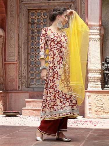 Stylum Women's Floral Printed Cotton Anarkali Kurta Pant & Dupatta Set (KPDRUSTGULABO_Rust)