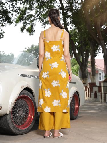 Stylum Women's Floral Printed Cotton Straight Kurta Palazzo Set (KPMUSTARDCOLL_Mustard)