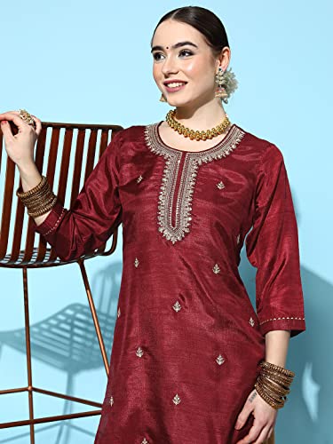 ishin Women's Silk Blend Maroon Embroidered Embroidered A-Line Kurta