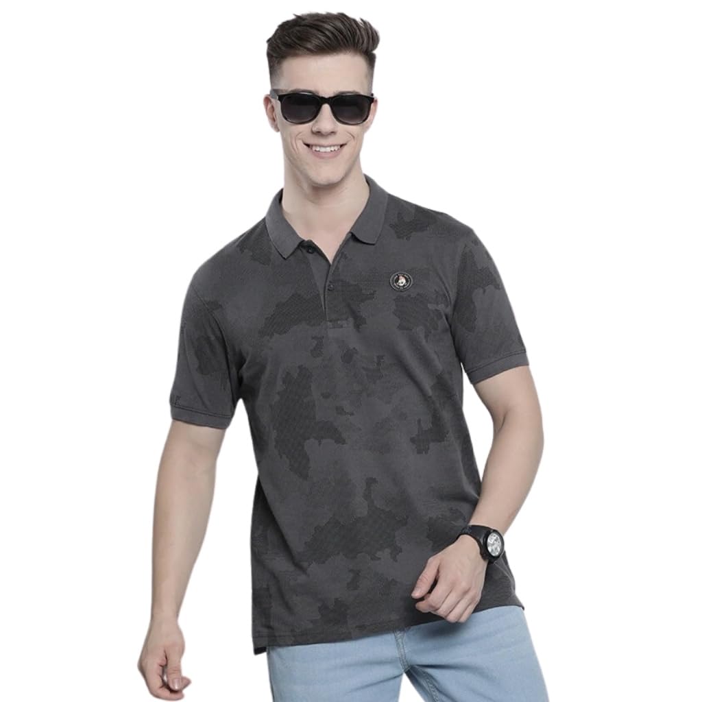 The Indian Garage Co Men Slim Fit Abstract Printed Polo Collar Tshirt Grey