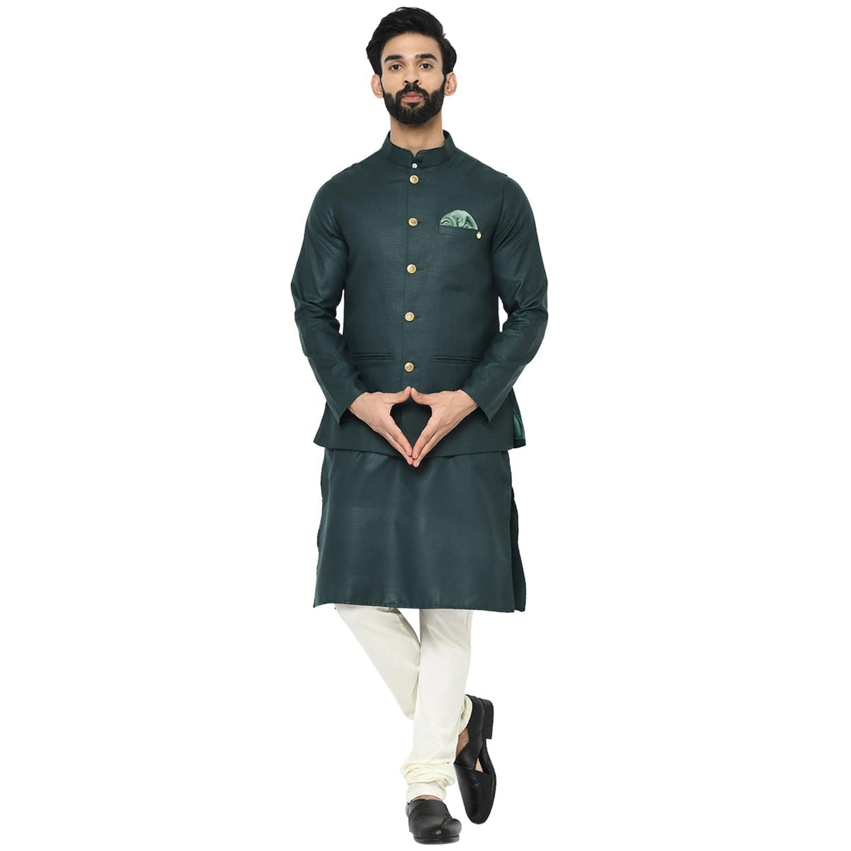 Kisah Men Green Off-White Solid Kurta With Churidar Jacket, Full Sleaves, Knee Length, Straight, Regular Fit, Mandarin Collar Et