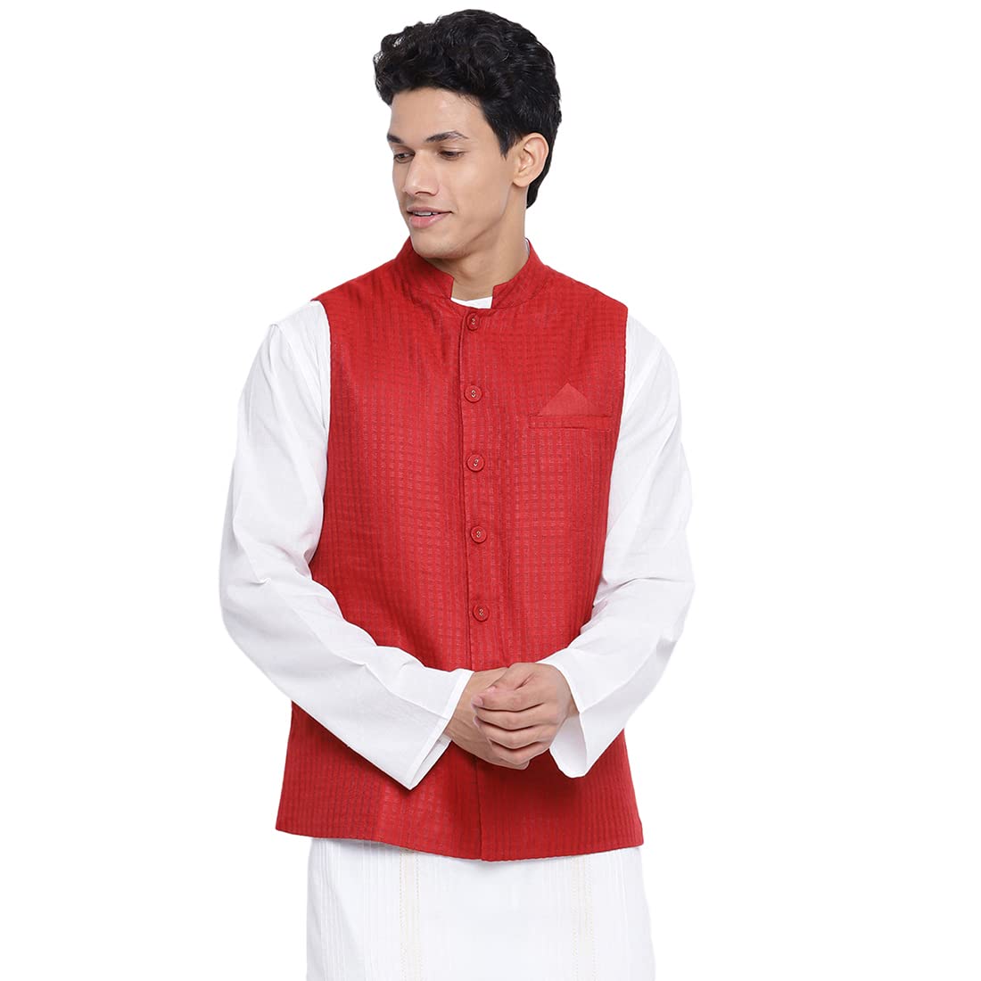 Fabindia Men Viscose Blend Dobby Printed Nehru Jacket Red_XL