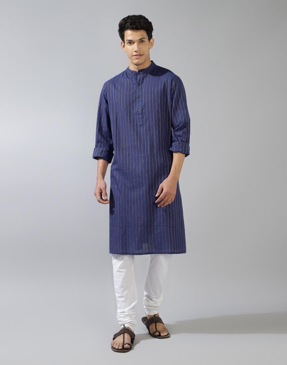 Fabindia Men's Cotton Blend Striped Relaxed Kurta (1032039BLUE_Blue
