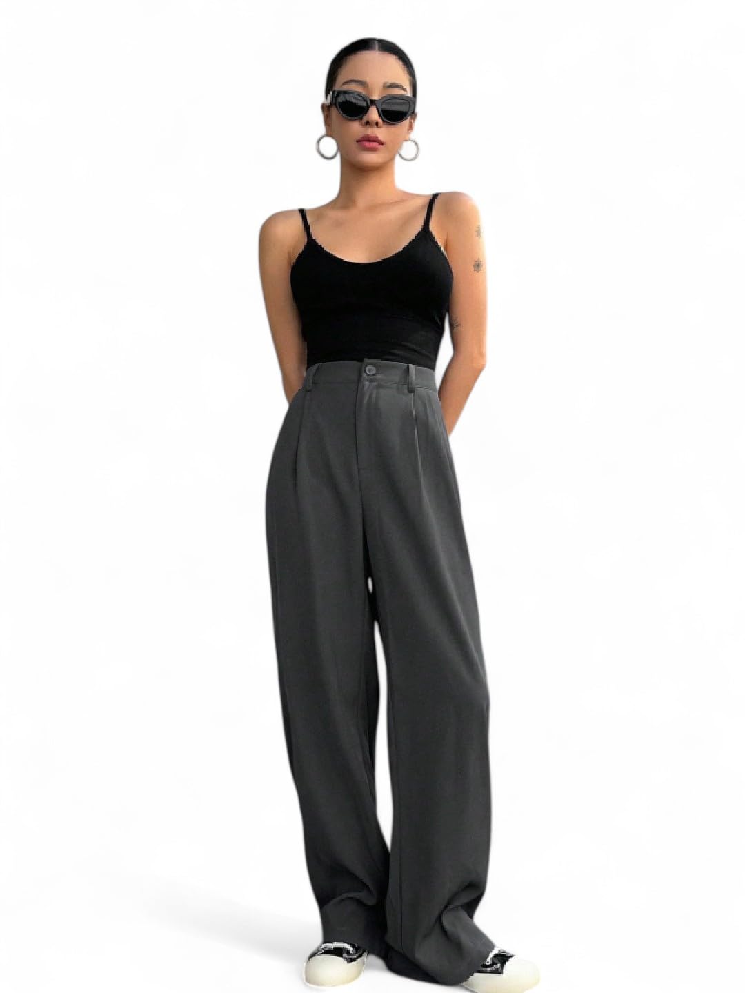 OOMPH! Womens High-Waisted Pant | Wide Leg Trousers | Korean Style Stretchable Trouser Cloud Grey