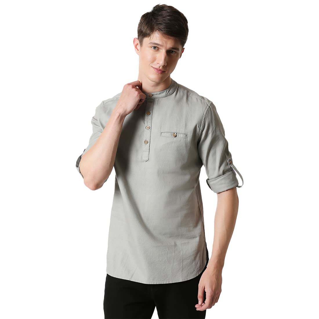 Bewakoof MenS Solid 100% Cotton Short Kurta - Relaxed Fit, Mandrin Collar, Full Sleeves Yellow