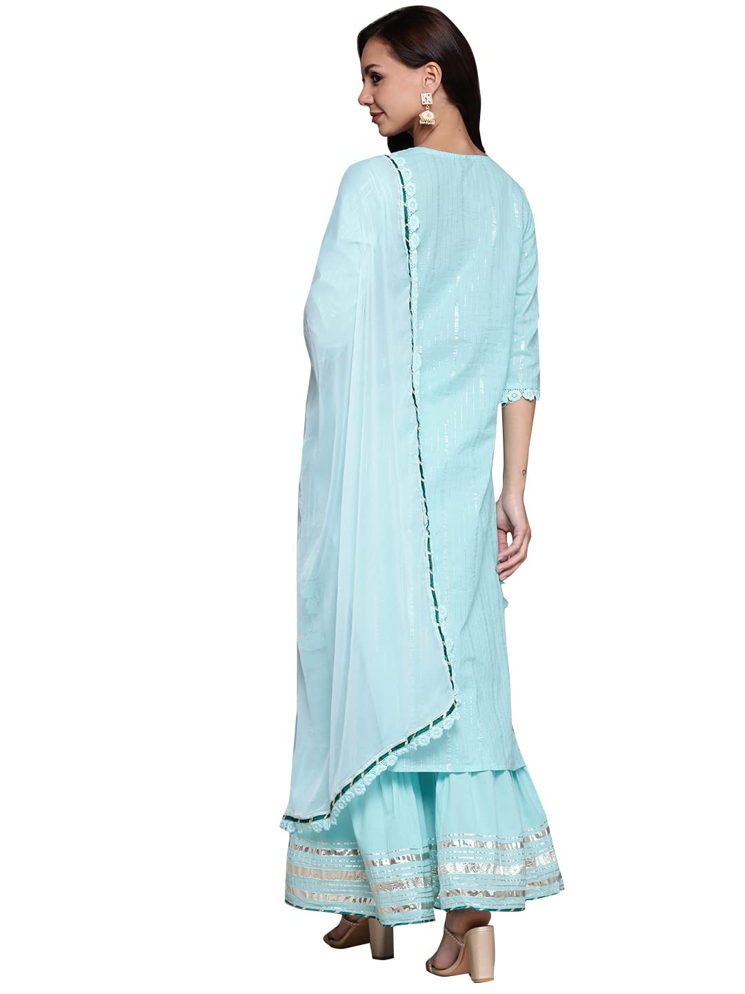 ishin Women Blue Ethnic Motifs Embroidered Mirror Work Pure Cotton Kurta with Sharara & With Dupatta