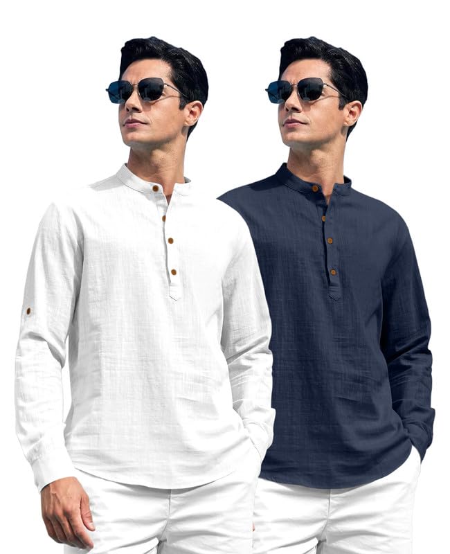 Royalscout Combo Of MenS Solid Cotton Blend Full Sleeve Straight Kurta Shirt (Pack Of 2) White-Navy