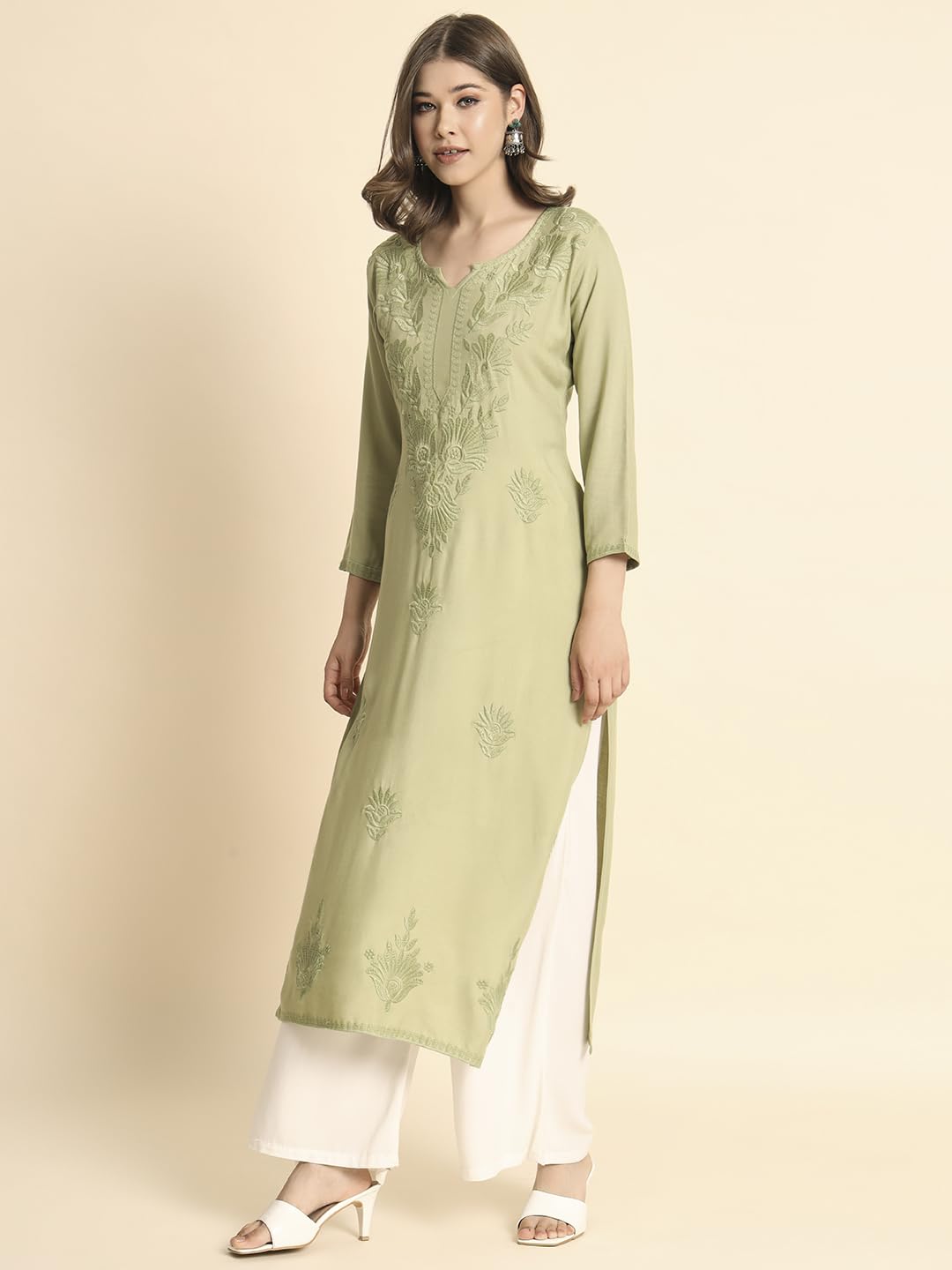 VAIRAGEE Womens Rayon Straight Cut Round Neck Kurta with Beautiful Lucknowi Chickenkari Work (1593) Olive Green
