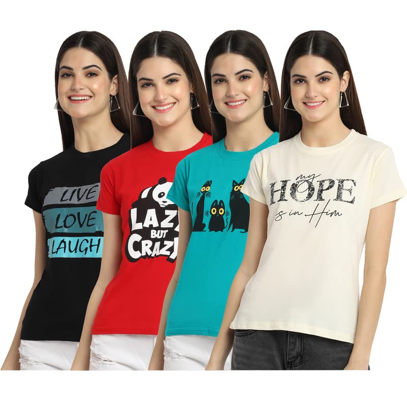 Preneum Womens Cotton Regular Fit Latest Graphic Stylish Printed Short Sleeves Casual T-Shirt || Latest Style (Pack 4), Black &