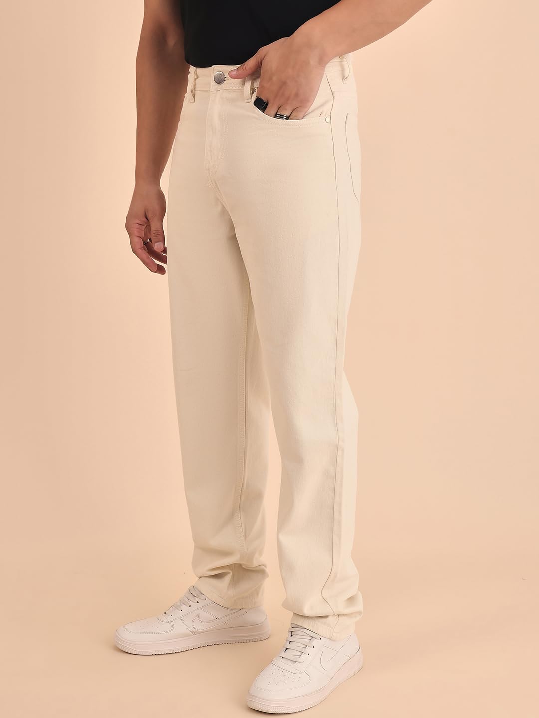 Style Quotient Men Relaxed Fit High Rise Cotton Jeans Off White