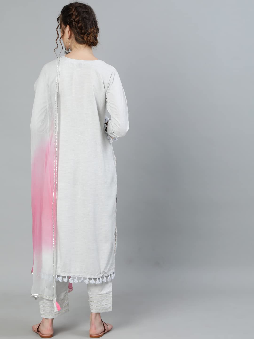 ishin Women's Viscose Rayon Grey Embroidered A-Line Kurta suit set With Dupatta & Pants