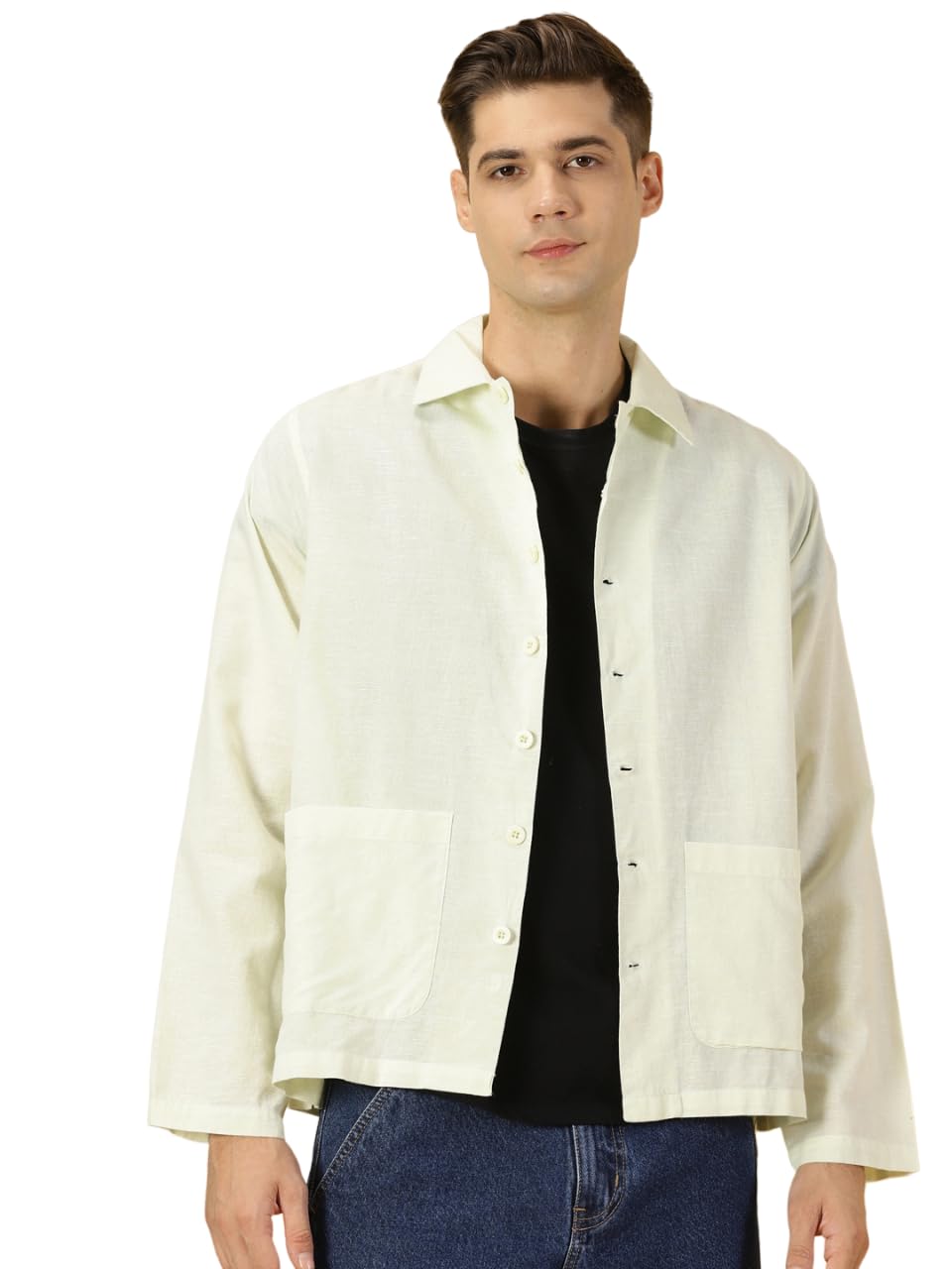 Thomas Scott Oversized Linen Double Pocket Solid Shirts for Mens Lime Green