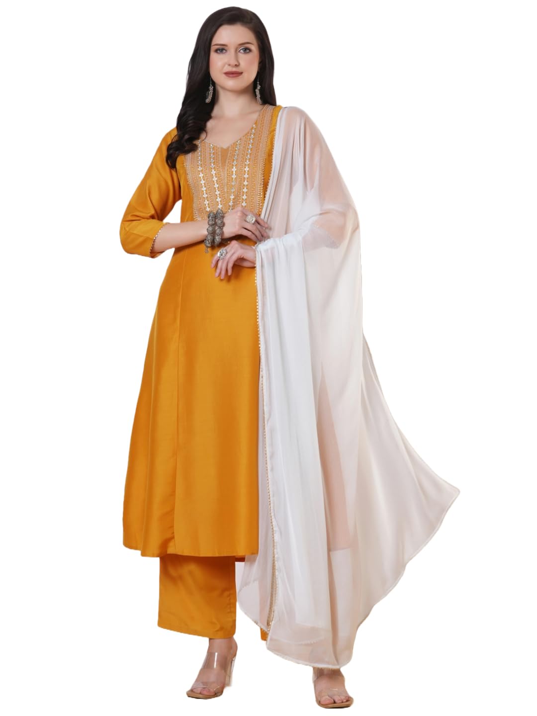 Gosriki WomenS Rayon Viscose Anarkali Embroidered Kurta With Pant & Dupatta (Gobari Yellow-Gs_M_Yellow_Medium)