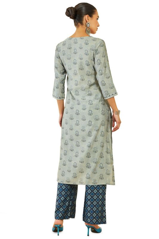 Soch Womens Grey Muslin Kurta Set with Printed Designs and Embellishments
