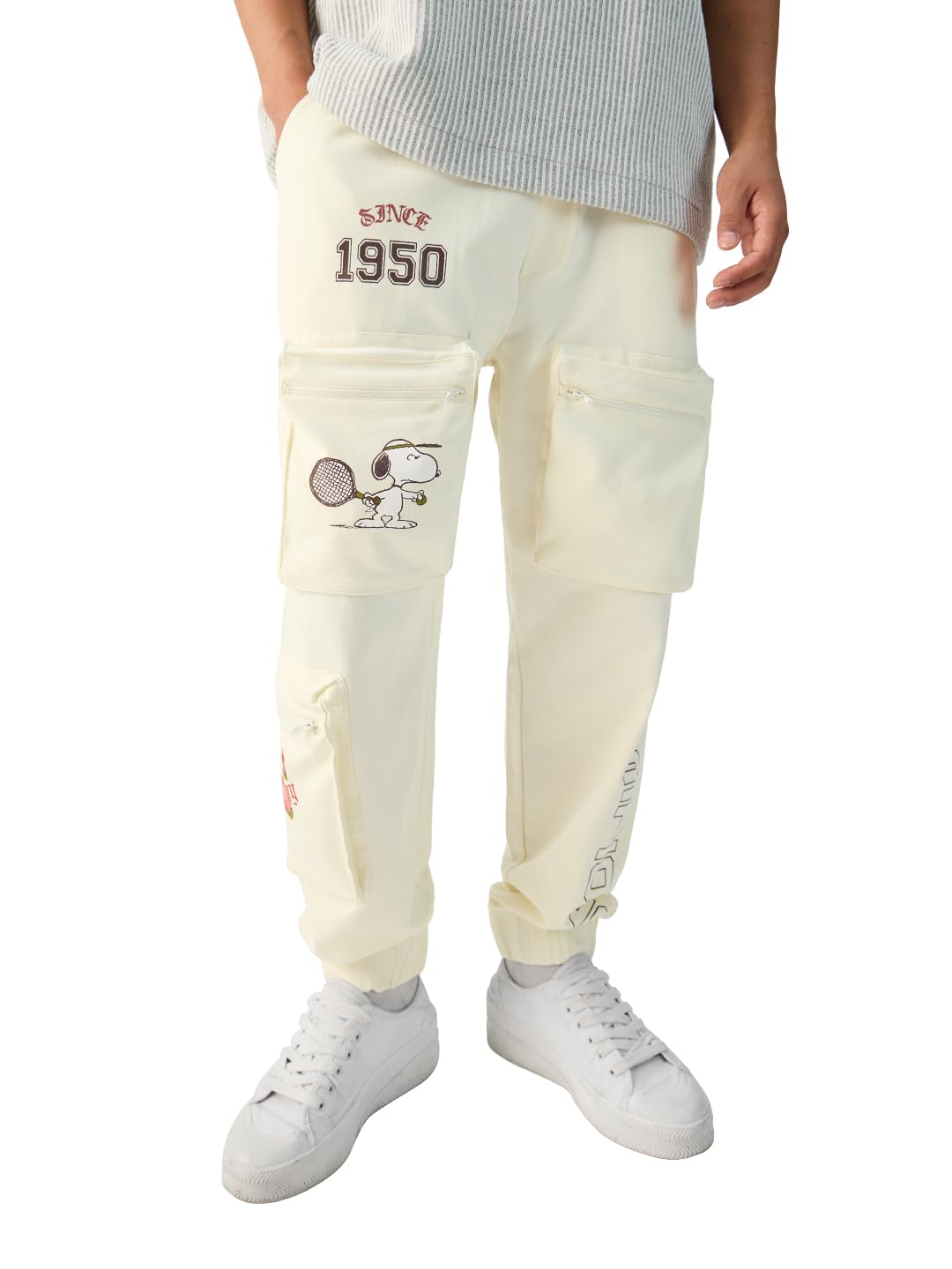 The Souled Store Official Peanuts: Comics Street Champ Men and Boys Drawstring Off-White Oversized Joggers Casual Lounge Fashion