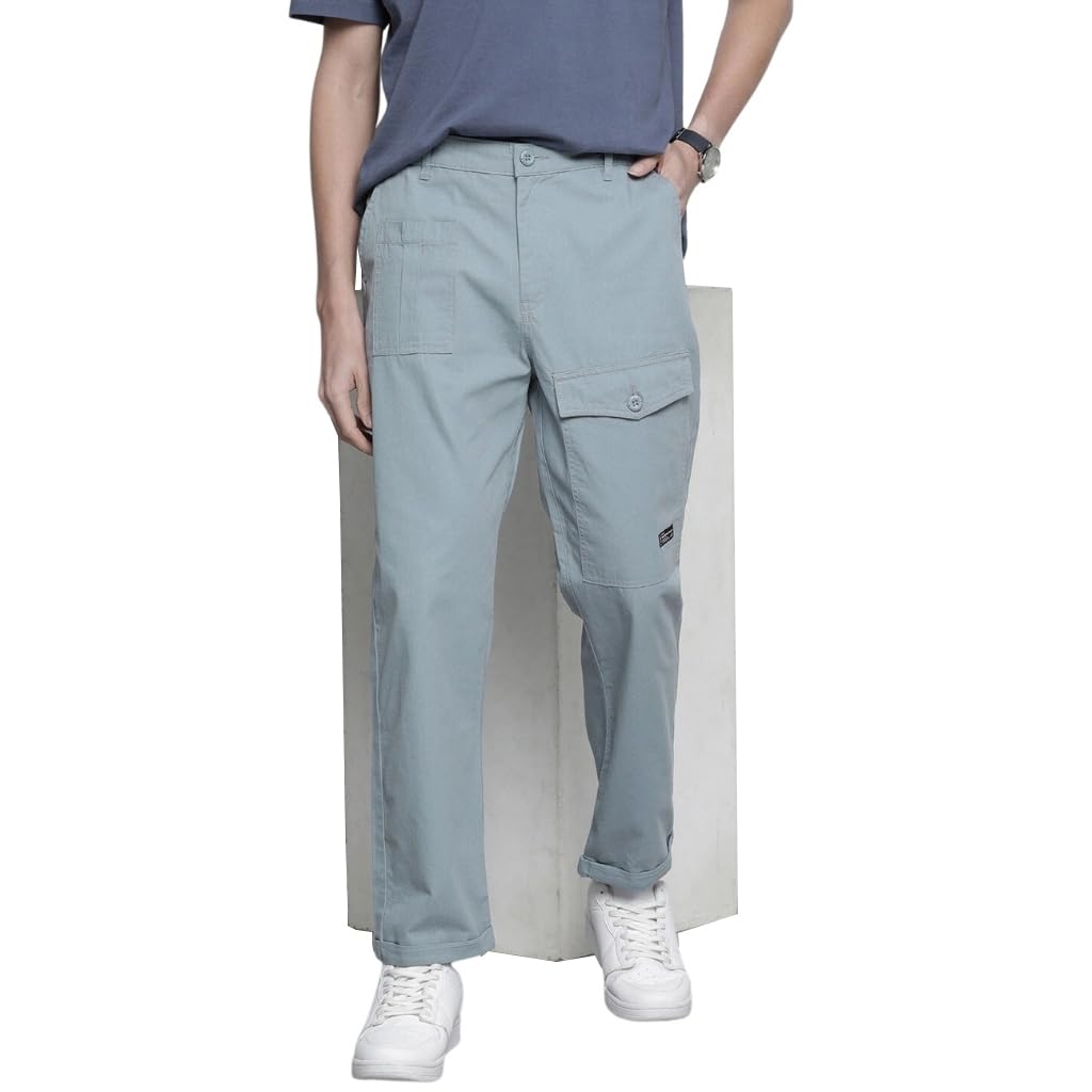 The Indian Garage Co Men Relaxed Fit Solid Mid-Rise Trousers Stone Blue
