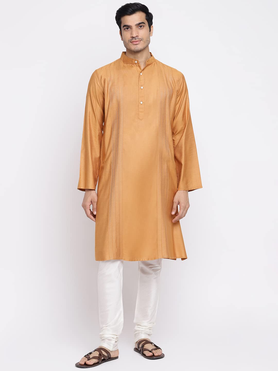 Fabindia Men Viscose Silk Pintucks Long Kurta Mustard_XL