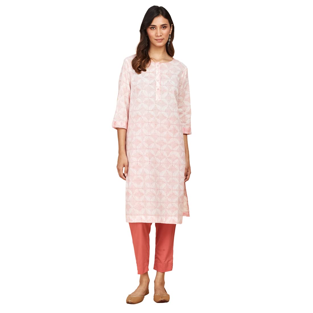Fabindia WomenS Cotton Printed Regular Kurta Knee Length (1029119White_White,Red