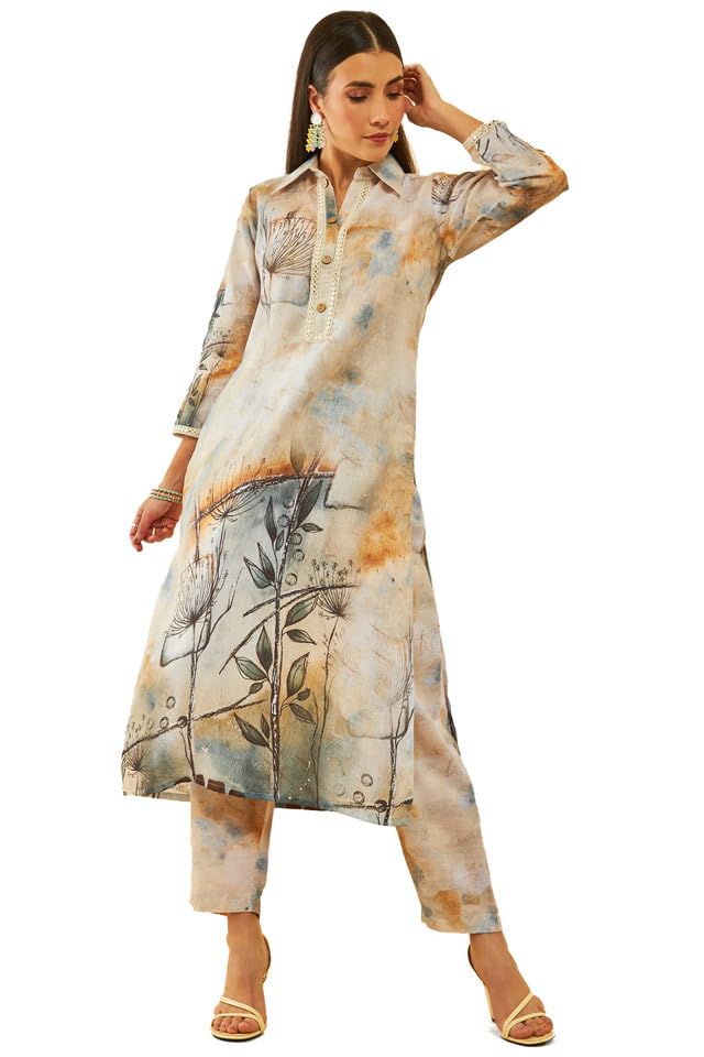 Soch Womens Beige Poly Linen Abstract Print Co-Ord Set With Faux Mirror