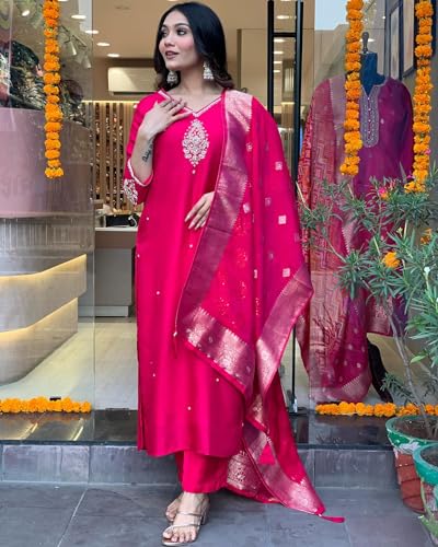 GoSriKi Womens Silk Blend Straight Embroidered Kurta with Pant & Dupatta (Premium Pink-GS_XL_Pink_X-Large)