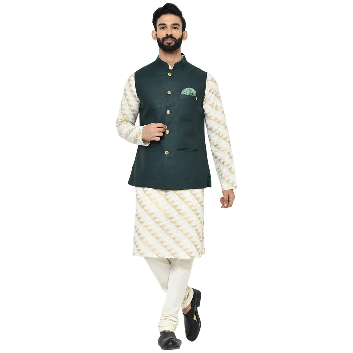 Kisah Men Green Gold Printed Kurta With Churidar Nehru Jacket, Full Sleaves, Knee Length, Straight, Regular Fit, Mandarin Collar