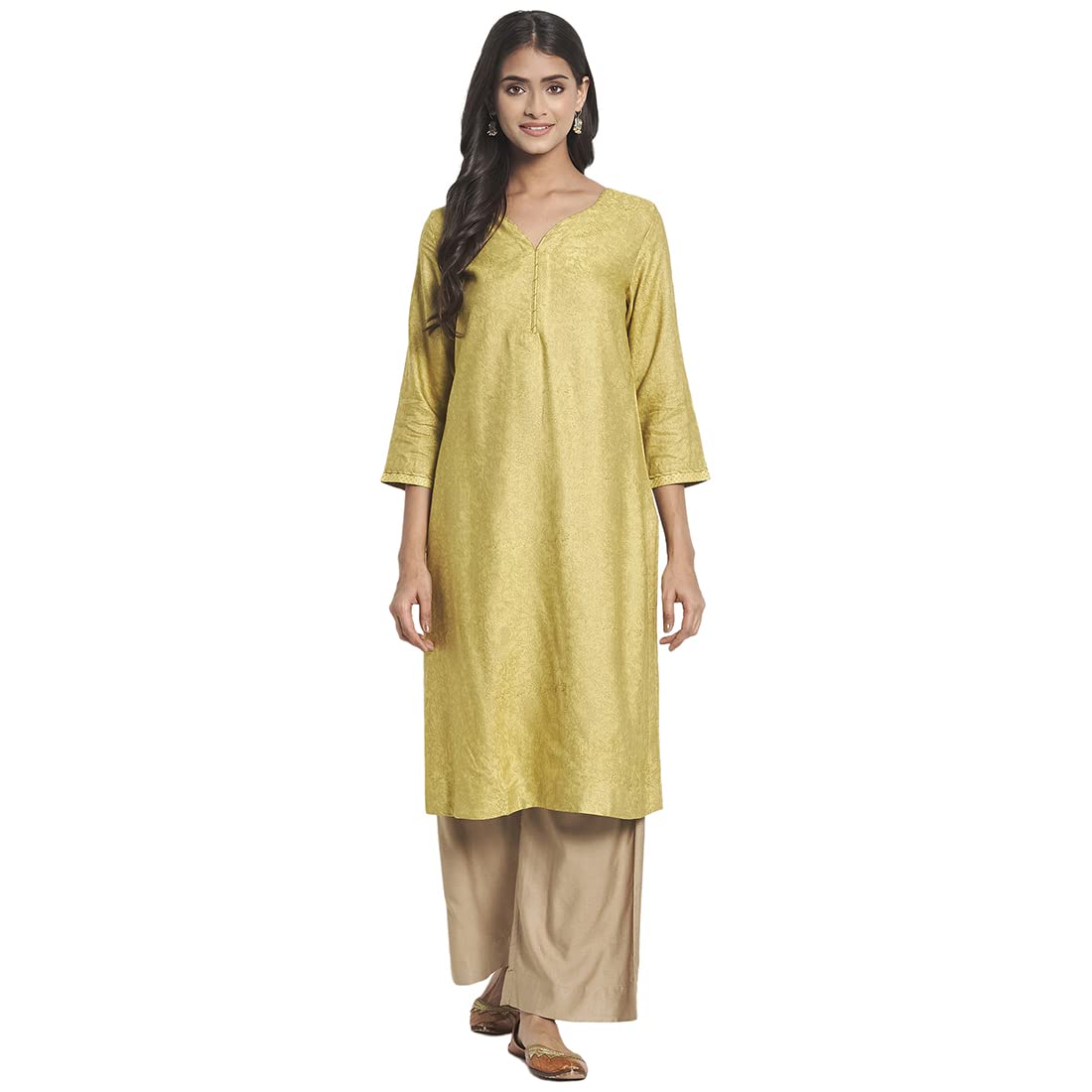 Fabindia Women Viscose Silk Hand Block Print Knee Length Regular Fit Kurta Green_S