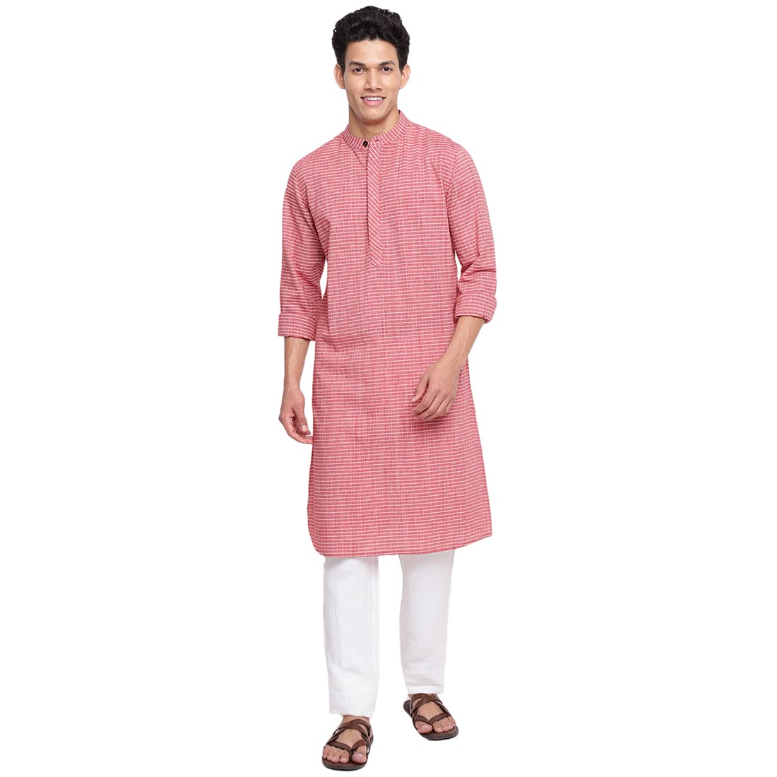 Fabindia Men Cotton Dobby Slim Fit Long Kurta Red_S