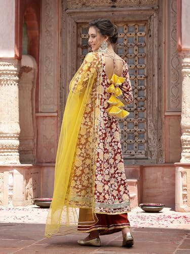 Stylum Women's Floral Printed Cotton Anarkali Kurta Pant & Dupatta Set (KPDRUSTGULABO_Rust)