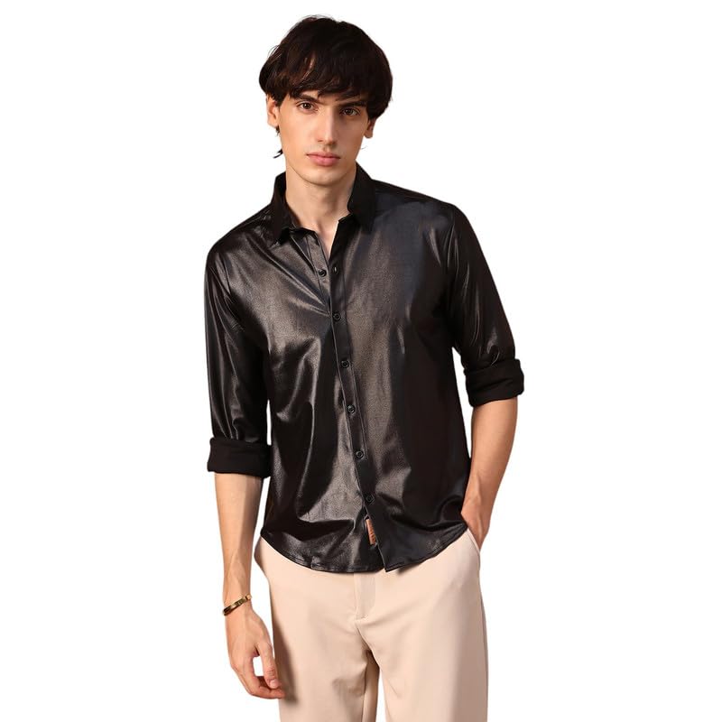 Campus Sutra Mens Obsidian Black Solid Suede Shirt for Casual Wear | Spread Collar | Long Sleeve | Button Closure | Shirt Craft