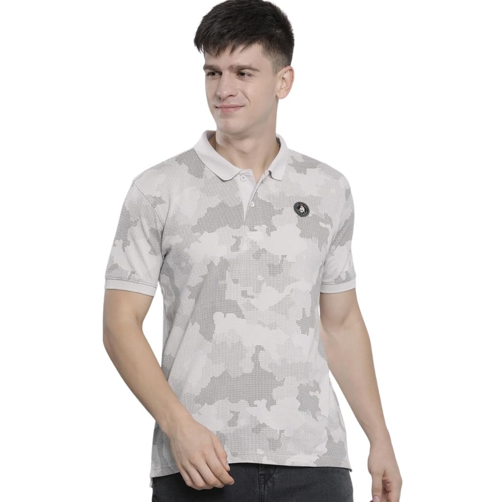 The Indian Garage Co Men Slim Fit Abstract Printed Polo Collar Tshirt Beige