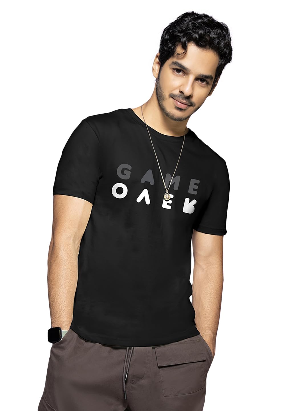 Bewakoof Mens Game Over Minimal Typography Black Hooded Half Sleeve T-Shirt