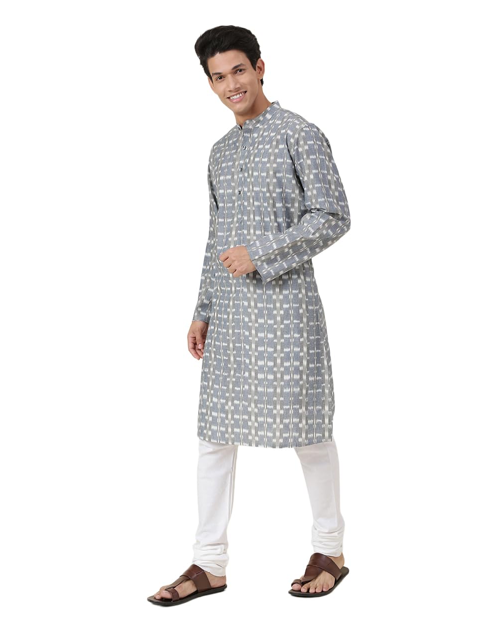 Fabindia Men's Grey Cotton Abstract Slim Fit Kurta
