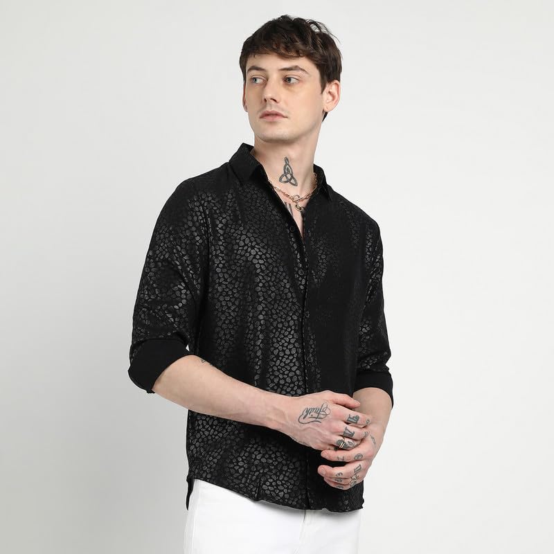 Campus Sutra Mens Onyx Black Pavement Shirt for Casual Wear | Spread Collar | Long Sleeve | Button Closure | Shirt Crafted with
