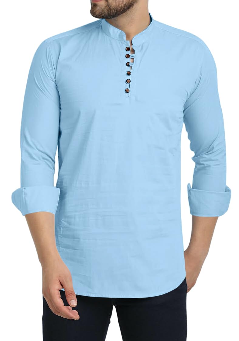 Royalscout MenS Cotton Blend Full Sleeve Short Kurta With Mandarin Collar Sky