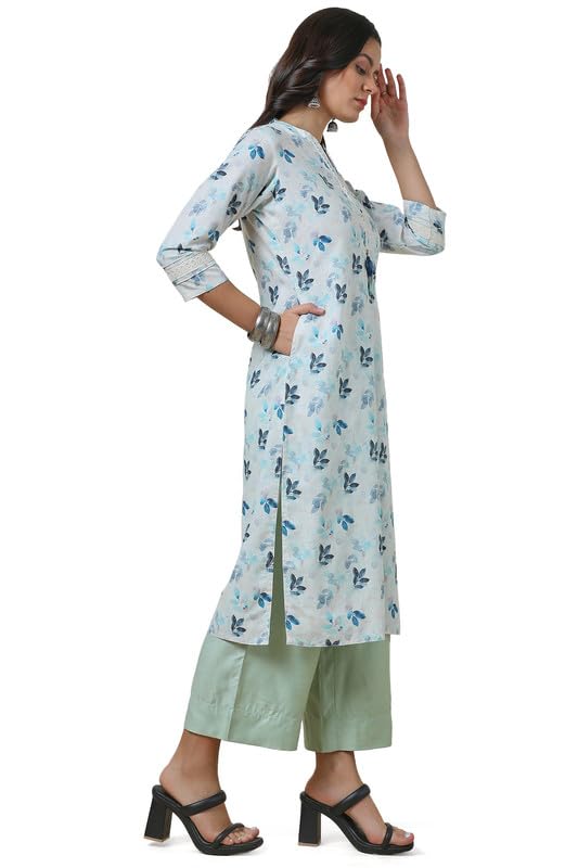 Soch Womens Off White Straight Linen Blend Printed Kurta with Tassels