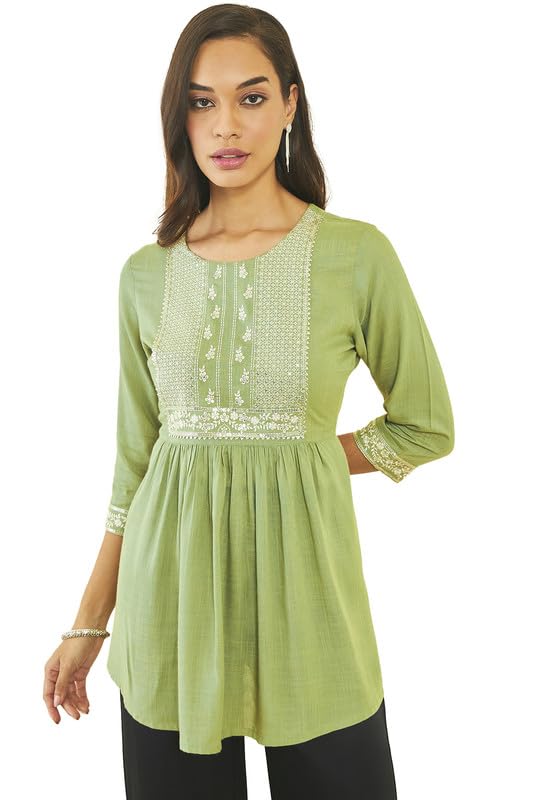 Soch Womens Green Rayon Slub Floral Embroidered Tunic with Sequin Embellishments