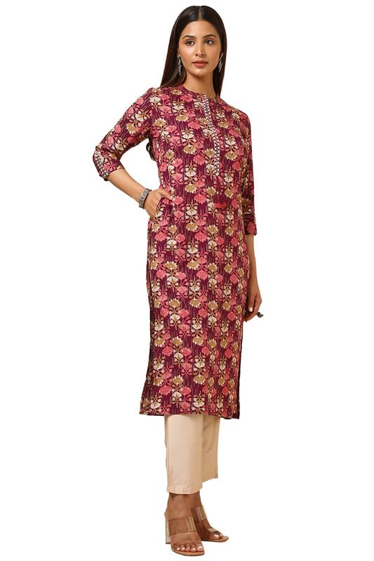 Soch Women's Rayon Straight Fit Floral Print Kurta with Faux Mirror