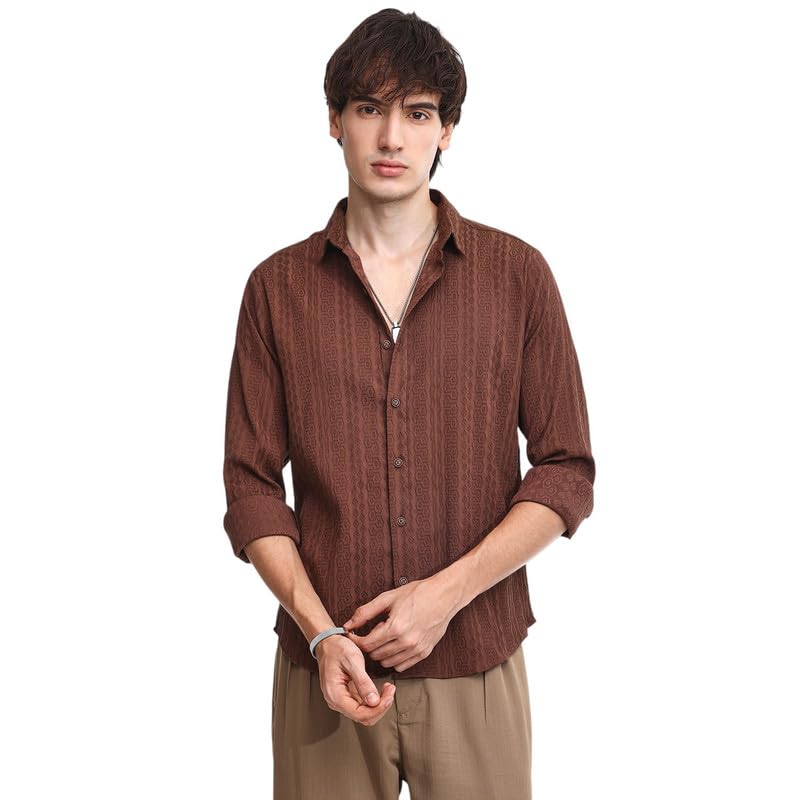 Campus Sutra Mens Chocolate Brown Geometric-Textured Knit Shirt for Casual Wear | Spread Collar | Long Sleeve | Button Closure