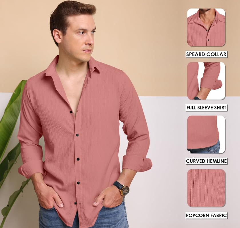 Macsivo MenS Regular Fit Casual Button Down Shirts Long Sleeve Linen Shirt Fashion Popcorn Summer Shirt Peach