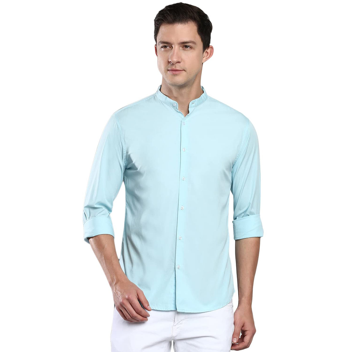 Dennis Lingo MenS Solid Chinese Collar Turquoise Blue Casual Shirt