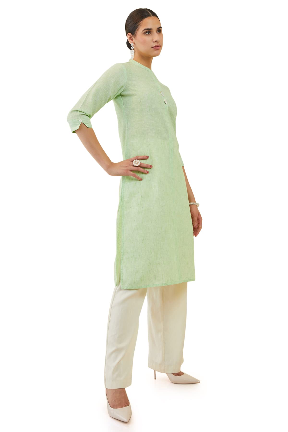 Soch Women Sap Green Linen Straight Kurta with Shell Button Embellishments