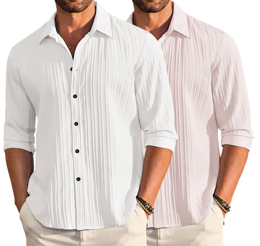 Deelmo Combo Of MenS Casual Button Down Shirts Long Sleeve Linen Shirt Fashion Textured Summer Shirts Pack Of 2 White - Cream