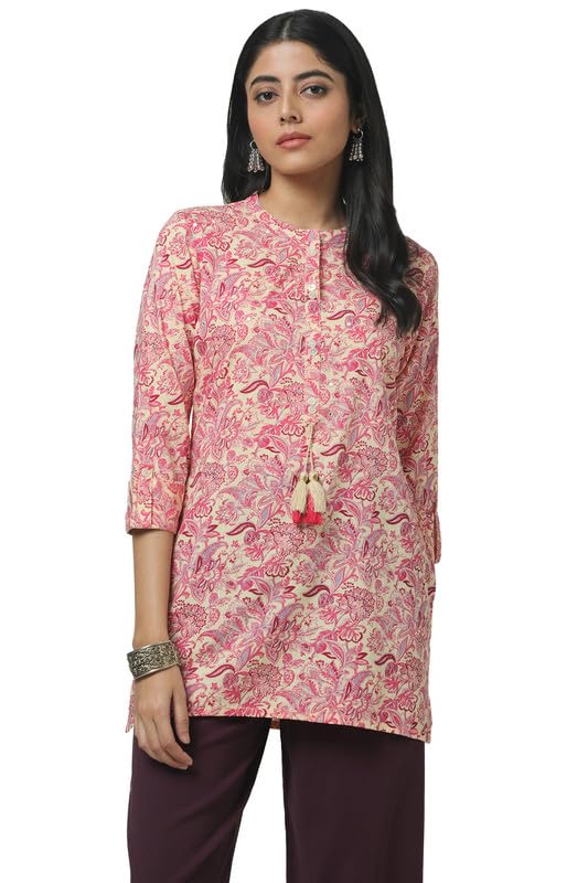 Soch Womens Cream Rayon Ethnic Motifs Tunic with Faux Mirror
