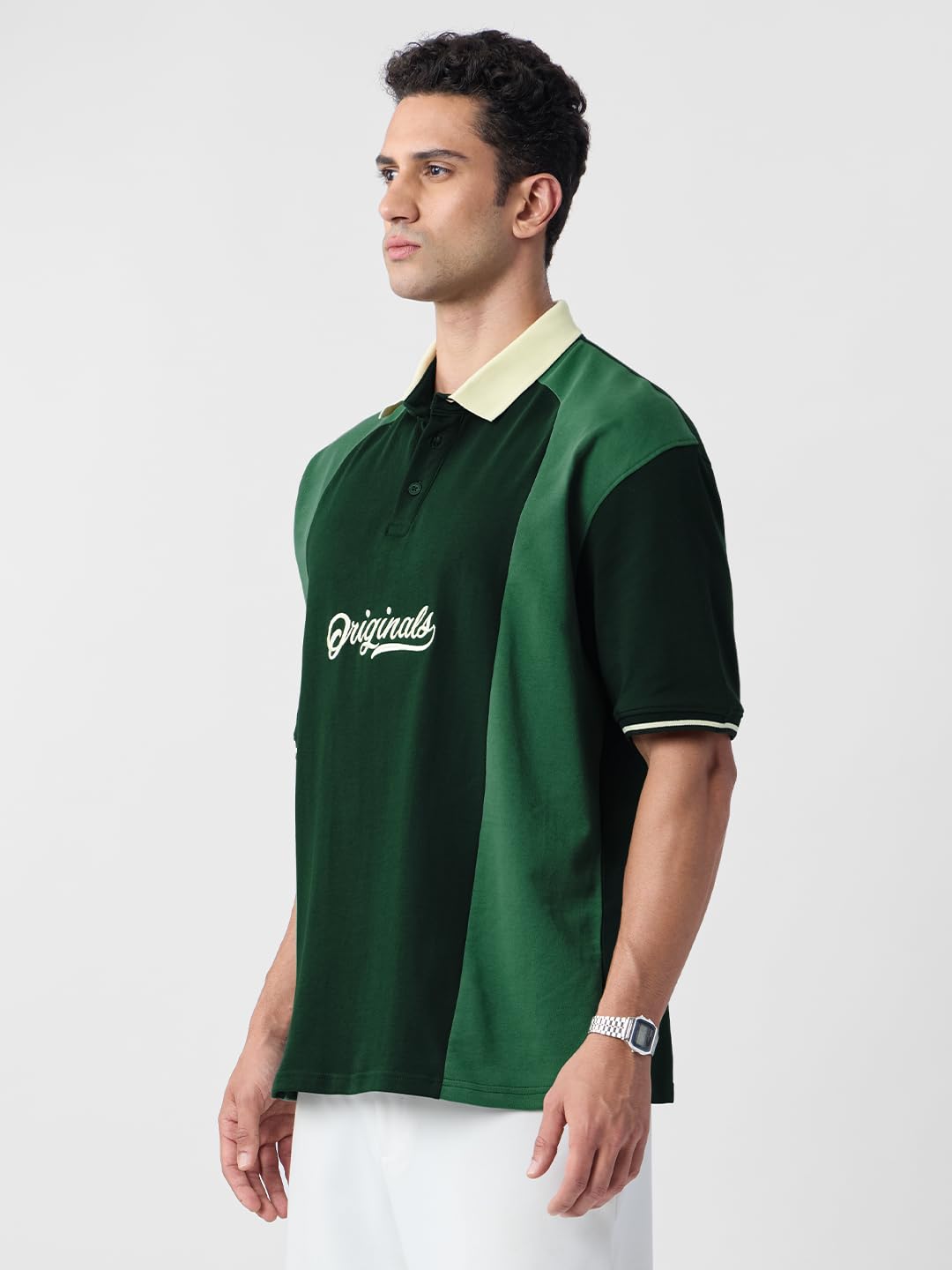 The Souled Store Originals: Polo Men and Boys Short Sleeves Polo Collar Dark Green Colour-Block Cotton Oversized T-Shirts